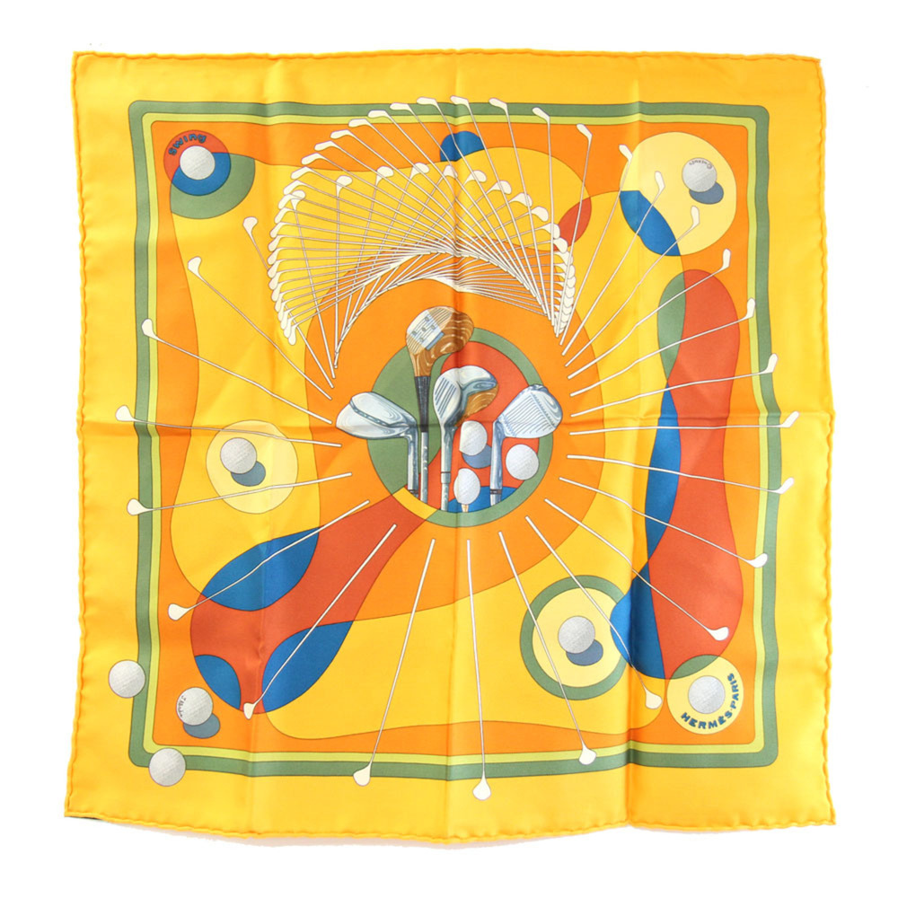 Hermes Scarf/Muffler, Carre 42 SWING, Orange, 100% Silk, Petit Mini Stole, Go...